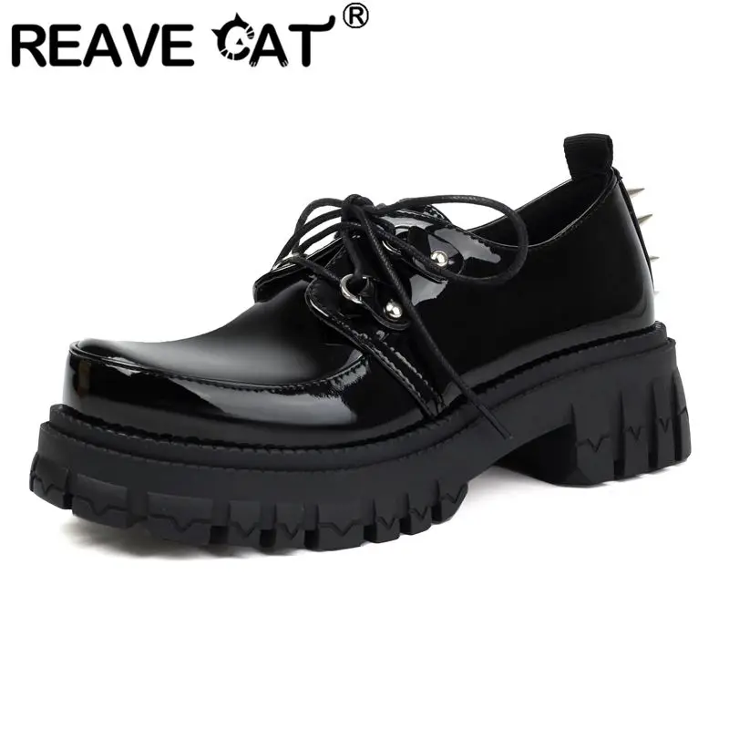 

REAVE CAT Patent Leather Women Pumps Round Toe Thick Heels 5cm Lace Up Rivets Metal Brogues Plus Size 42 43 Punk Casual Shoes