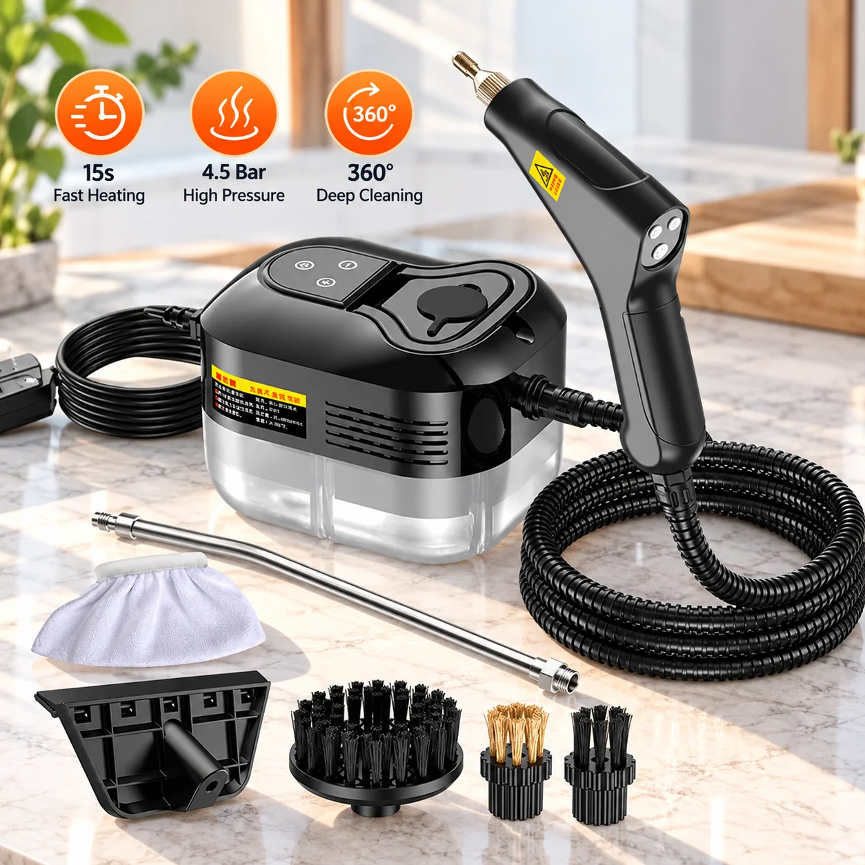 Portable High Pressure Steam Cleaner 4.5 Bar, 15S Fast Heating Handheld Steam Cleaning Machine with Multiple Brush Attachments for Kitchen, Bathroom, Car, Sofa and Home Cleaning