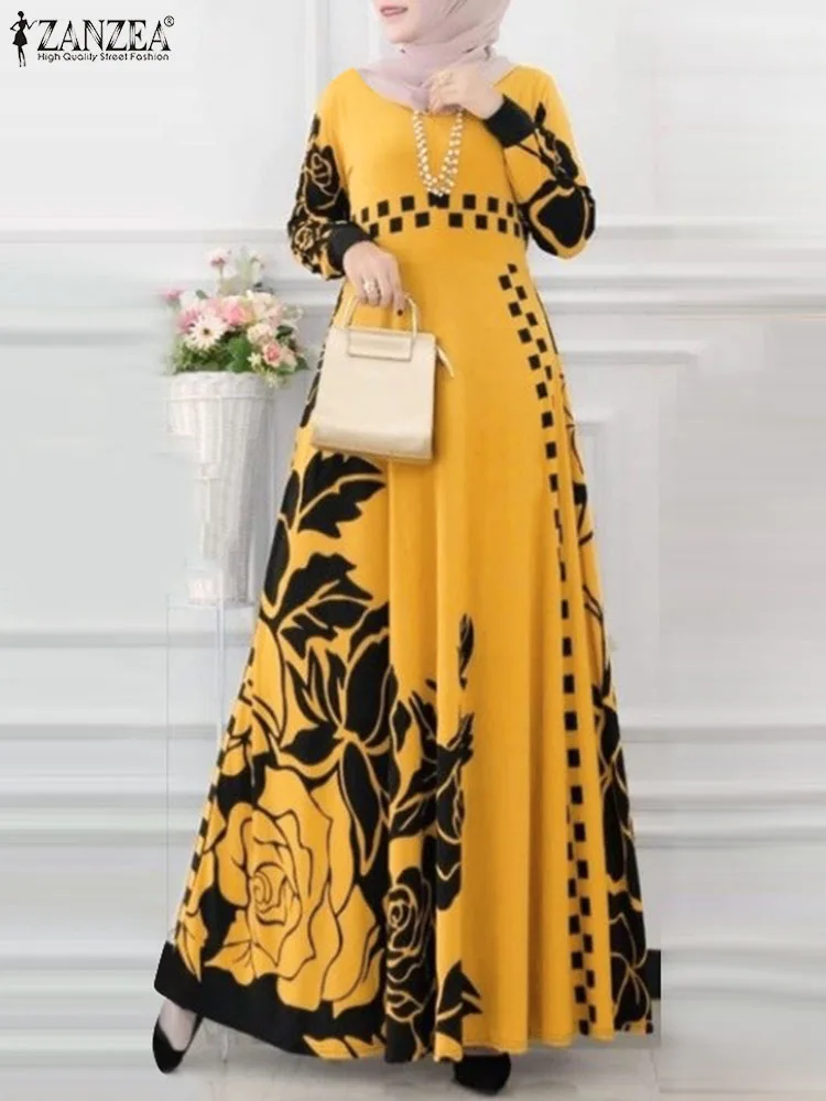 

ZANZEA Muslim Fashion Dresses Ramadan Abayas For Women Bohemain Printed Floral Vestidos Dubai Long Robe Abaya Long Sleeve Dress