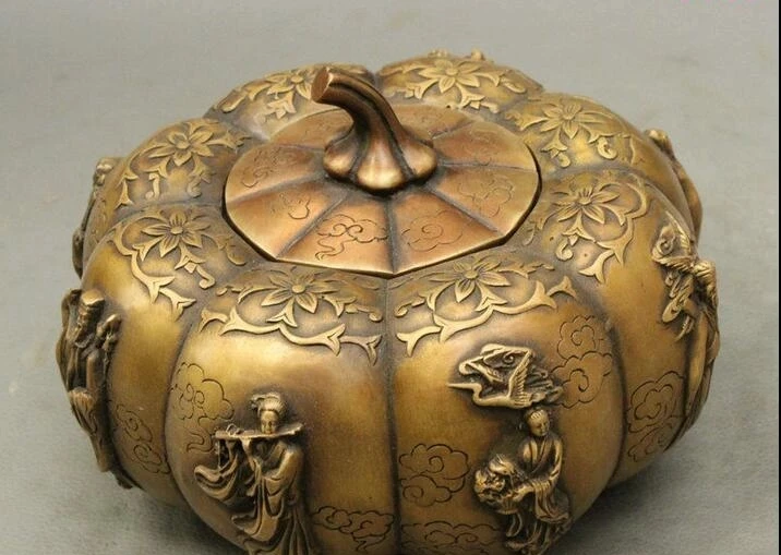 Folk Chinese Myth Taoism 8 Immortals Flowers Statue Pumpkin Form Box