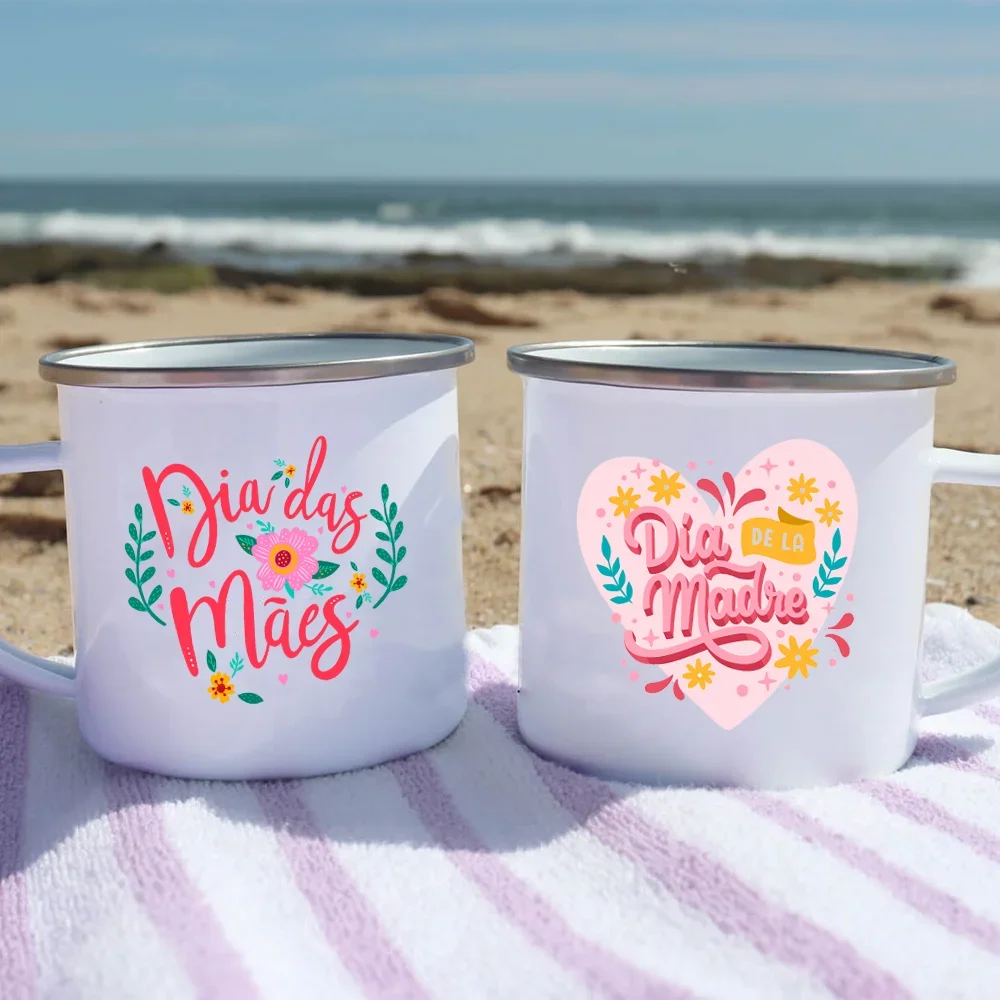 Mothers Day Spanish Print Mug Creative Coffee Cups Handle Enamel Cup Camping Handle Mugs Festive Birthday Gifts for Mom