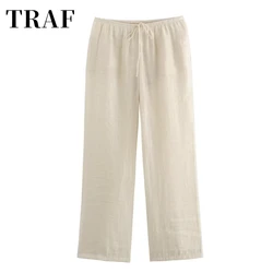 TRAF Summer New Product Tight High Waist Wide Leg Pants Linen Draping Straight Leg Pants Slimming Drawstring Casual Pants