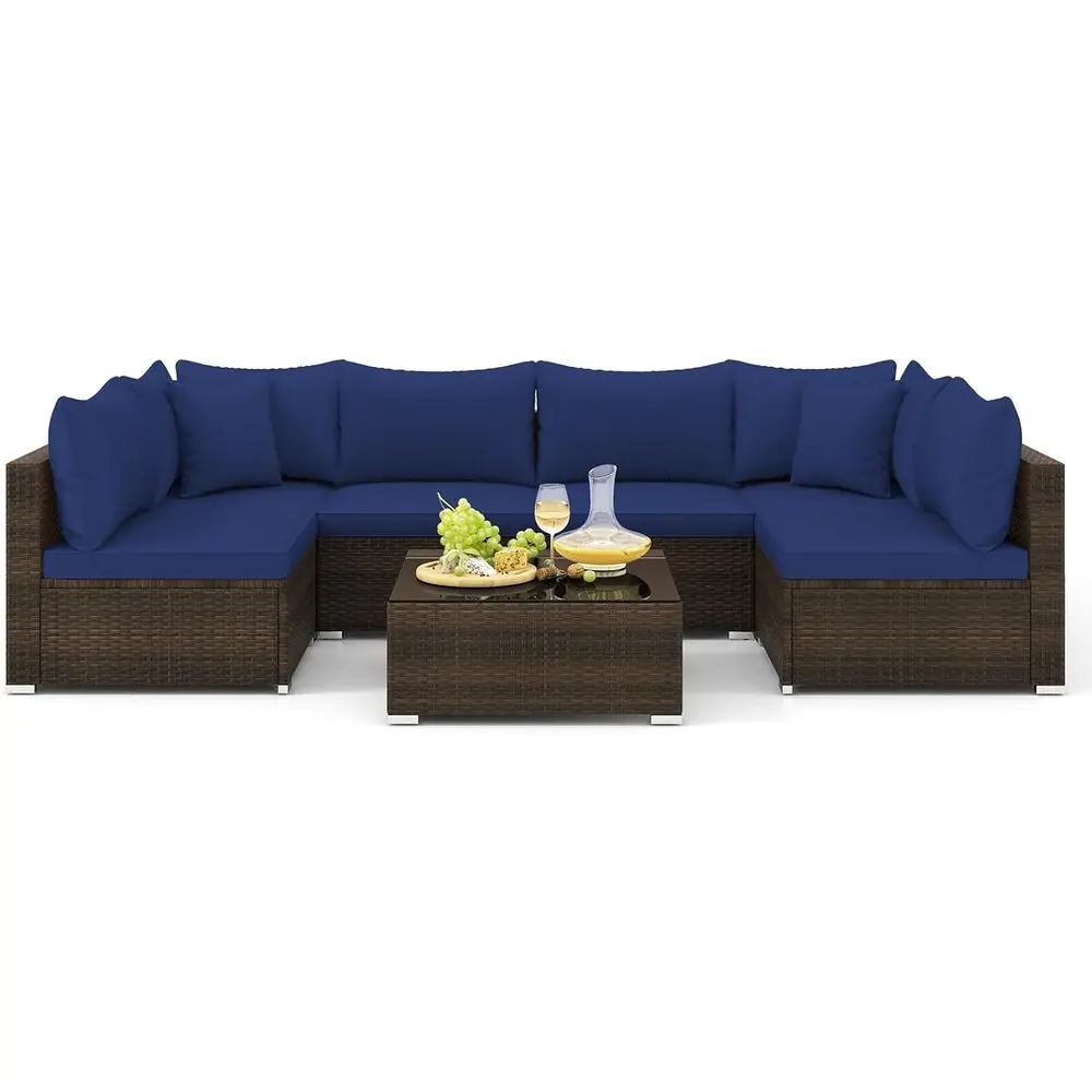 

7-Piece Outdoor Wicker Sectional Sofa Set with Cushions, Pillows, and Clips for Patio, Poolside, Deck - Mix Brown & Navy