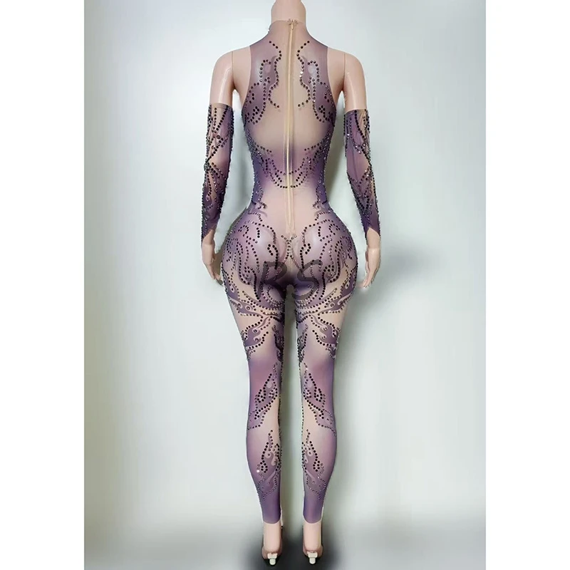 Women's Sexy Silver Jumpsuit Long Sequined Rhinestones Performance Dance Costume for Stage Shows Nightclubs Stretchy Summer