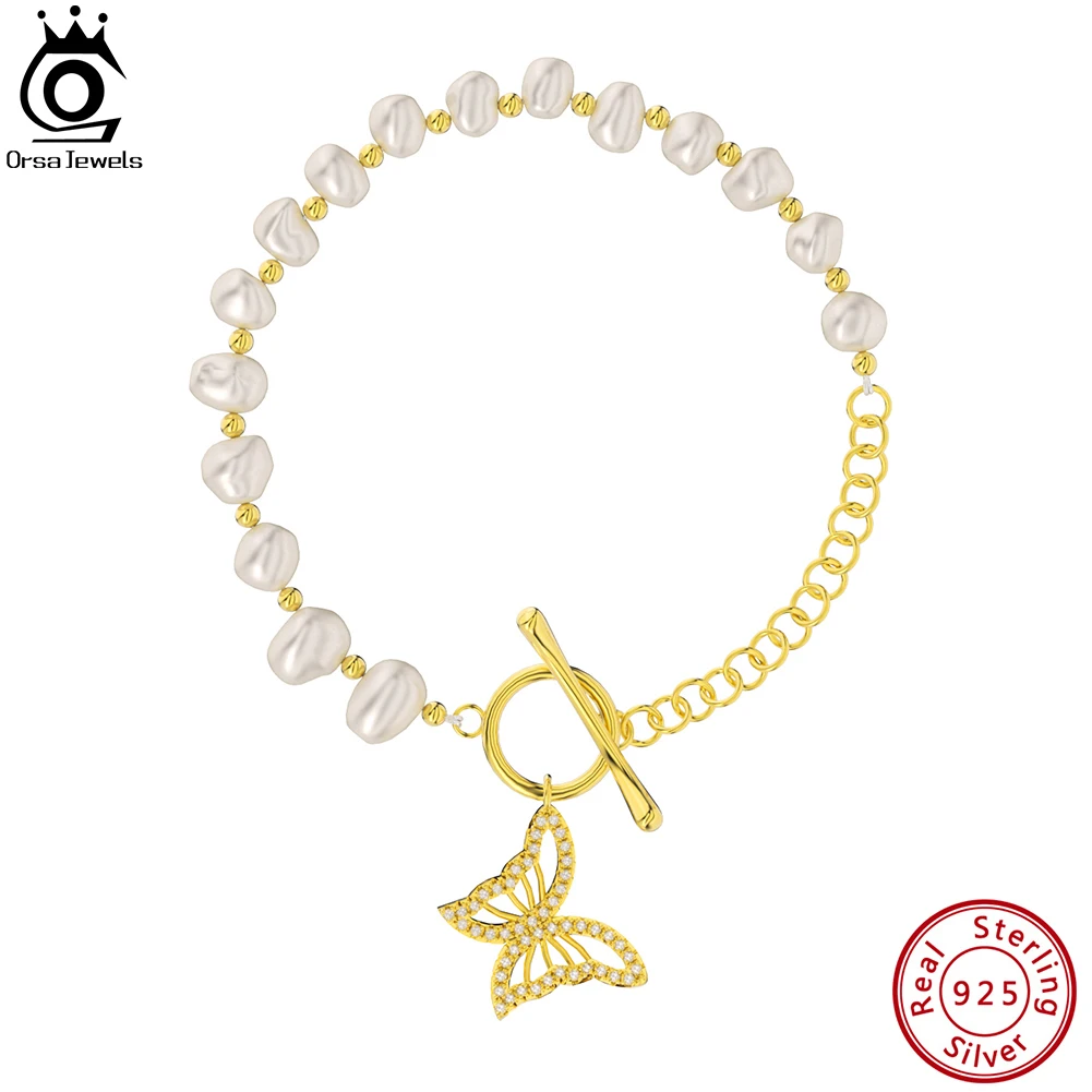 

ORSA JEWELS OT Toggle Clasp Pearl Chain Bracelet with Butterfly 14K Gold 925 Sterling Silver Women's Fashion jewelry GPB23