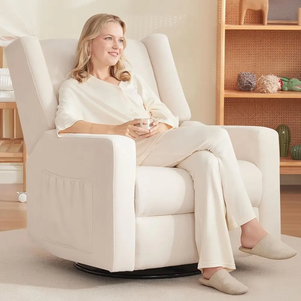 

360° Swivel Recliner with Lumbar Support, Nursery Rocking Chair, Upholstered Armchair for Bedroom or Living Room (Beige)