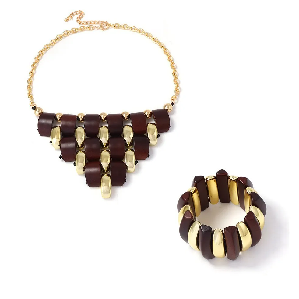 Vintage casual geometric three-dimensional wooden CCB splicing triangular bib pendant necklace bracelet set jewelry