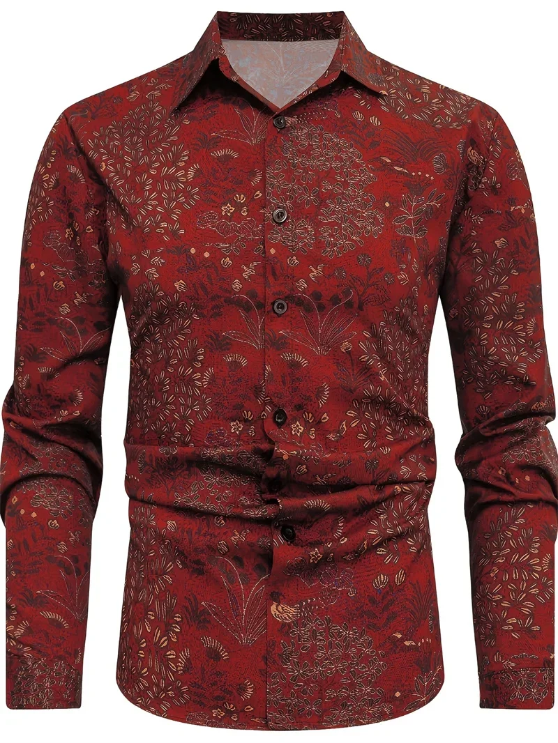 Men's Simple Retro Business Casual Long Sleeved Lapel Shirt, Fashionable 3D Printed Shirt, Casual Comfortable Long Sleeved Shirt