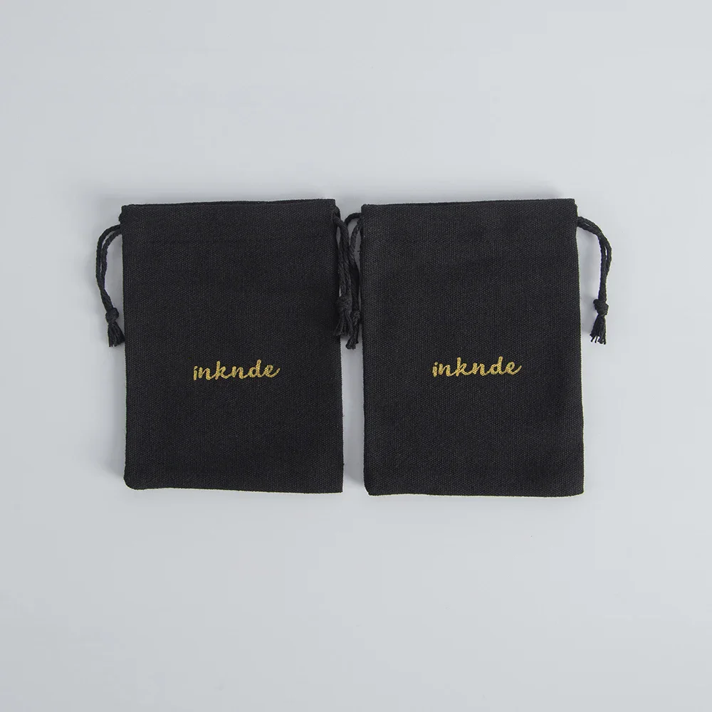 Personalized Logo Black Canvas Cotton Packaging Drawstring Bag Double Cotton Ribbon jewelry Gift Pouch Wedding Favors For Guests