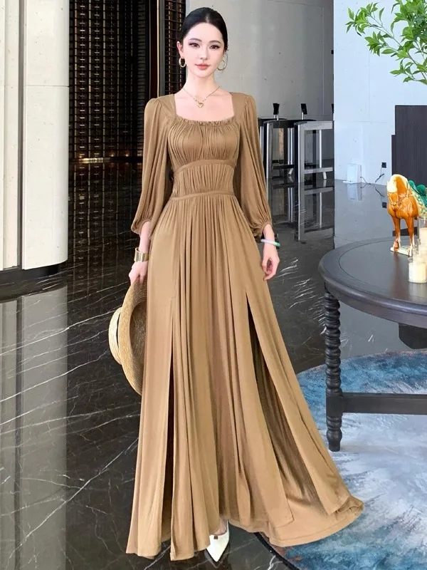 

Ретро-стиль, красивое, уникальное, с квадратным вырезом, приталенное, с высокой талией, хлопковое, длинное, формальное, для офиса, для церкви, для деловых встреч