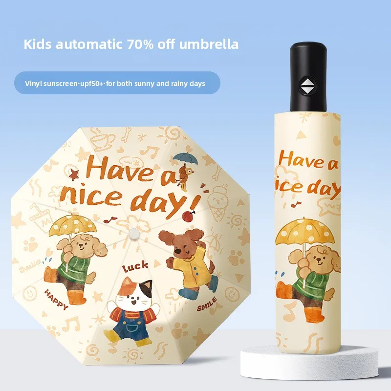 

Kids Auto Open Close Umbrella UV Protection Dual-Use Sun/Rain Umbrella, One-Button Foldable School Outdoor Umbrella for Students