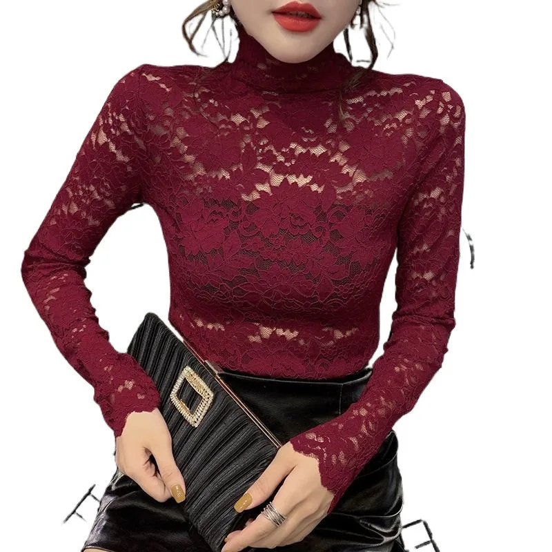 2024 Women’s Lace Mesh Top Long Sleeve Half High Neck Hollow Design for Stage Performance and Dancewear