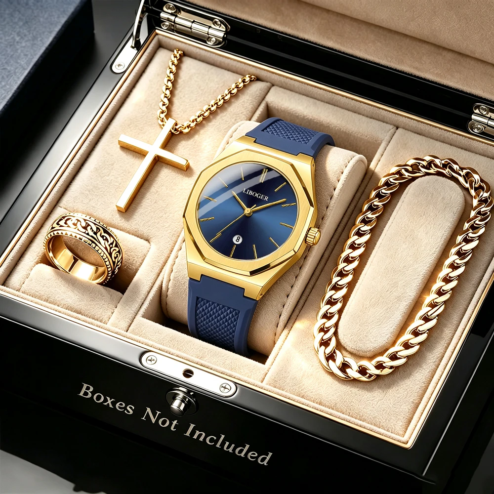 4Pcs/Set Luxury Men's Watch & Accessory Set, Business Casual Watch, Fashion Round Dial, Classic Strap,, Anniversary
