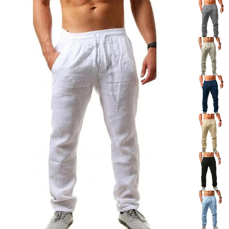 New Men's Hip Hop Breathable Cotton Casual Sports Pants High Waist Lace Up Fashion Pants Solid Color Comfortable Pants