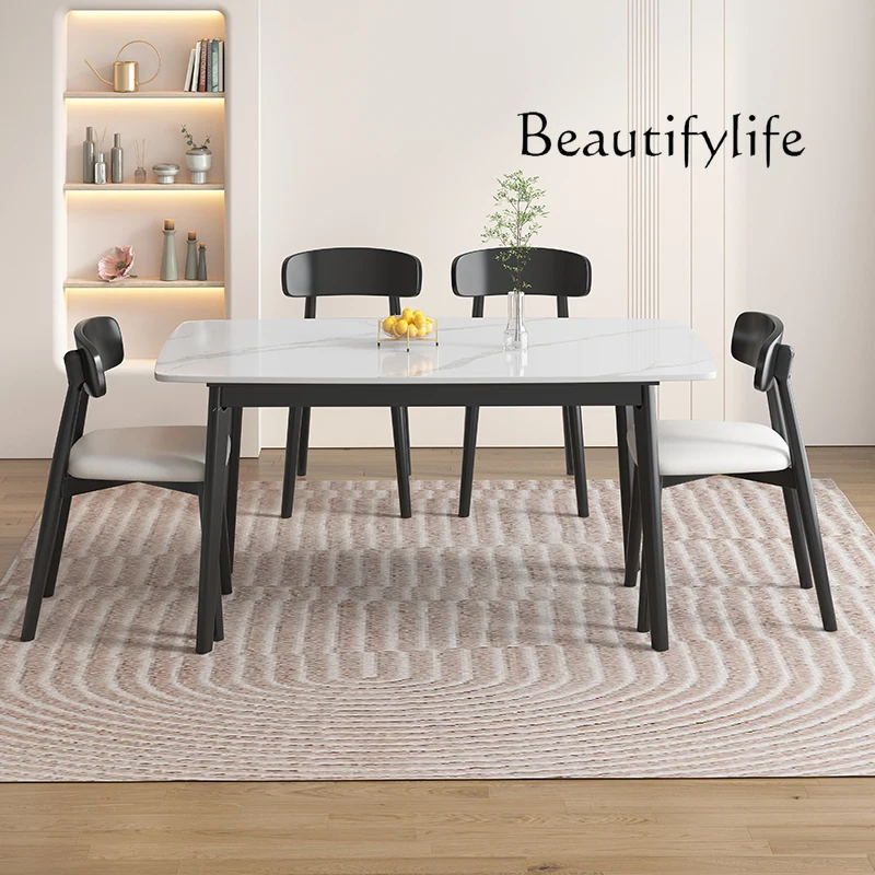

French solid wood rock slab dining table household small modern simple rectangular dining table