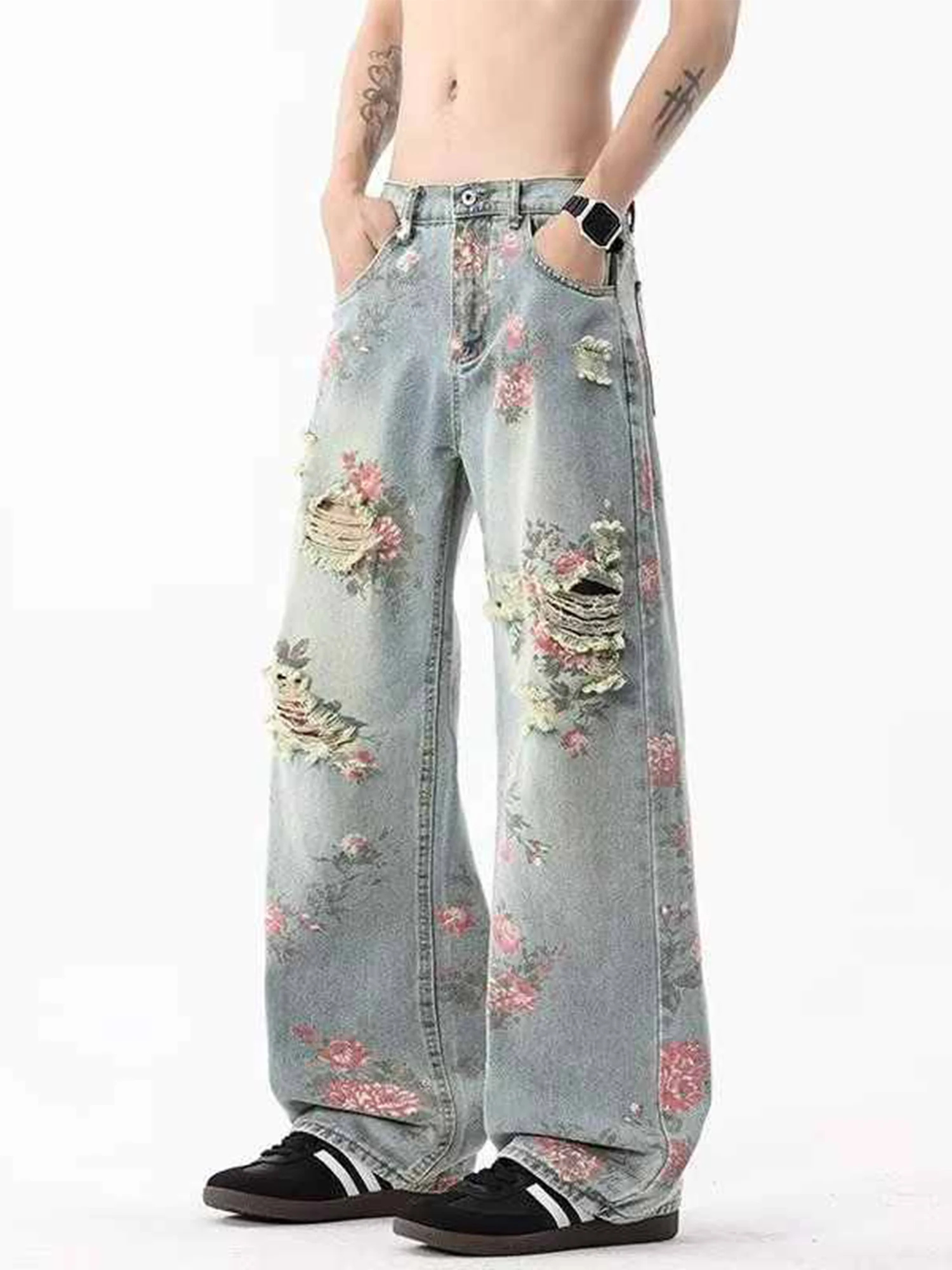 

Women's Flower Print Y2k Baggy Ripped Jeans Harajuku Vintage Denim Trousers Japanese 2000s Grunge Jeans Pants Oversize Clothes