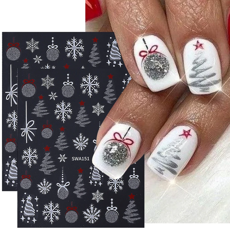 2 stücke Flash Silber Weihnachten Nail art Aufkleber Weihnachten Baum Lampe Ball Spitze Schneeflocke Klebstoff Nagel Aufkleber DIY Maniküre Dekoration