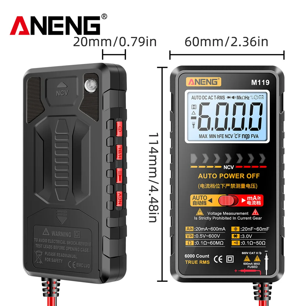 Portable Capacitance Meter Automatic Shutdown 6000 Counts Capacitor Tester LCD Display Transistor for Ohm Diode NVC Hz