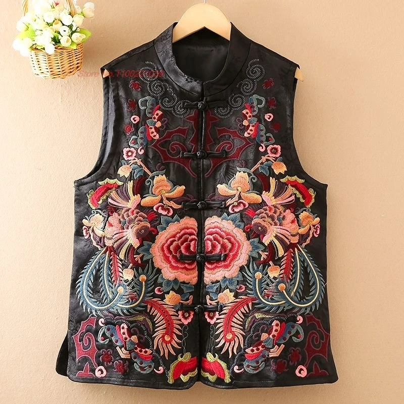 2024 nationale bloem borduurvest vintage opstaande kraag vest mouwloos jasje oosterse satijnen jacquard folk vest