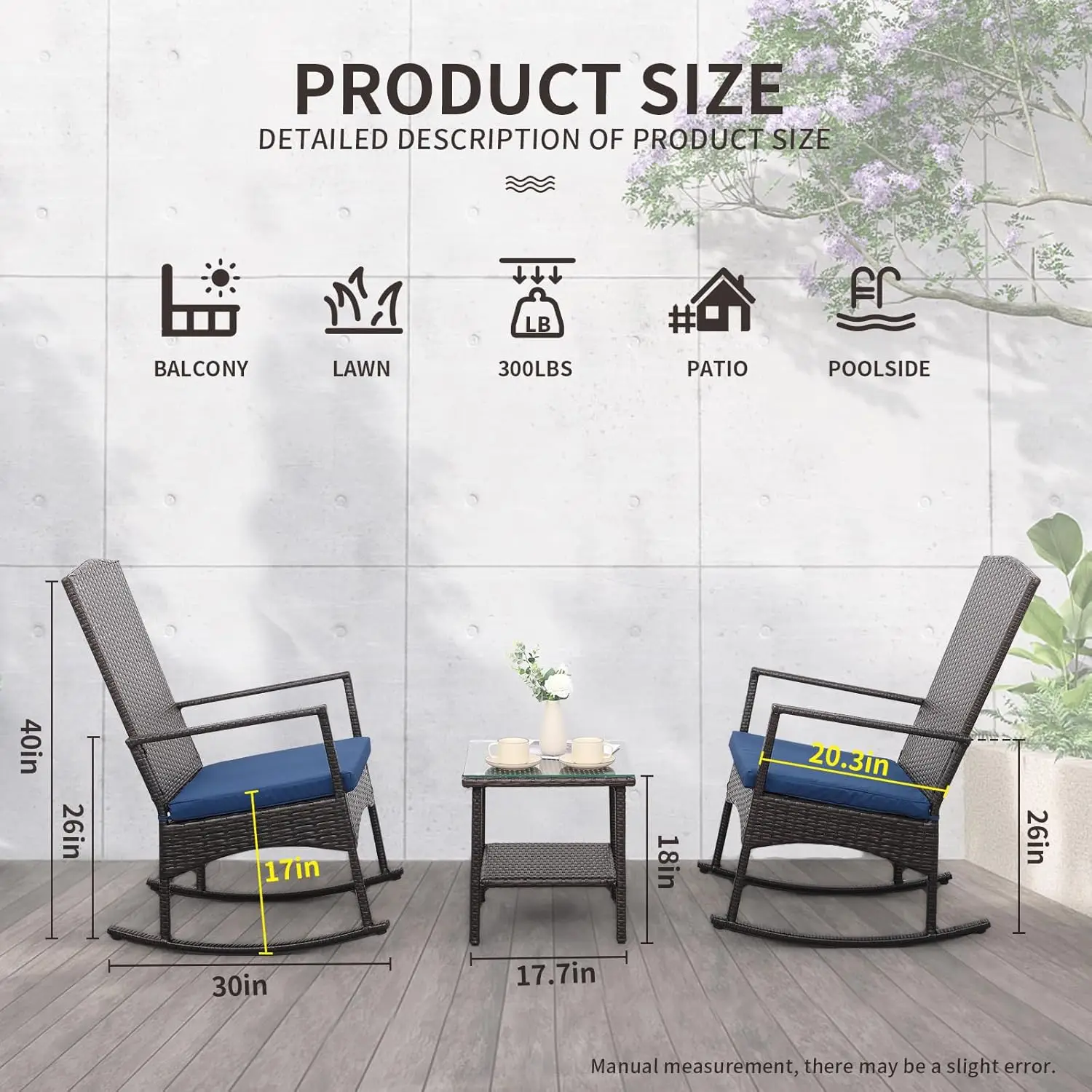 [Livraison gratuite! ] Chaise à bascule d'extérieur 3 pièces chaises de porche PE osier Patio Bistro ensemble ensembles de meubles en rotin marron avec café Ta
