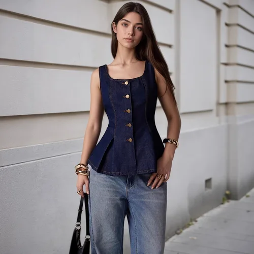 Imagen 2 del producto Top Peplum Sexy de Mezclilla Sintética para Mujer, Top Corto sin Espalda con Botones, Estilo Corsé, Vintage Y2K, Estilo Jeans, Chaleco sin Mangas