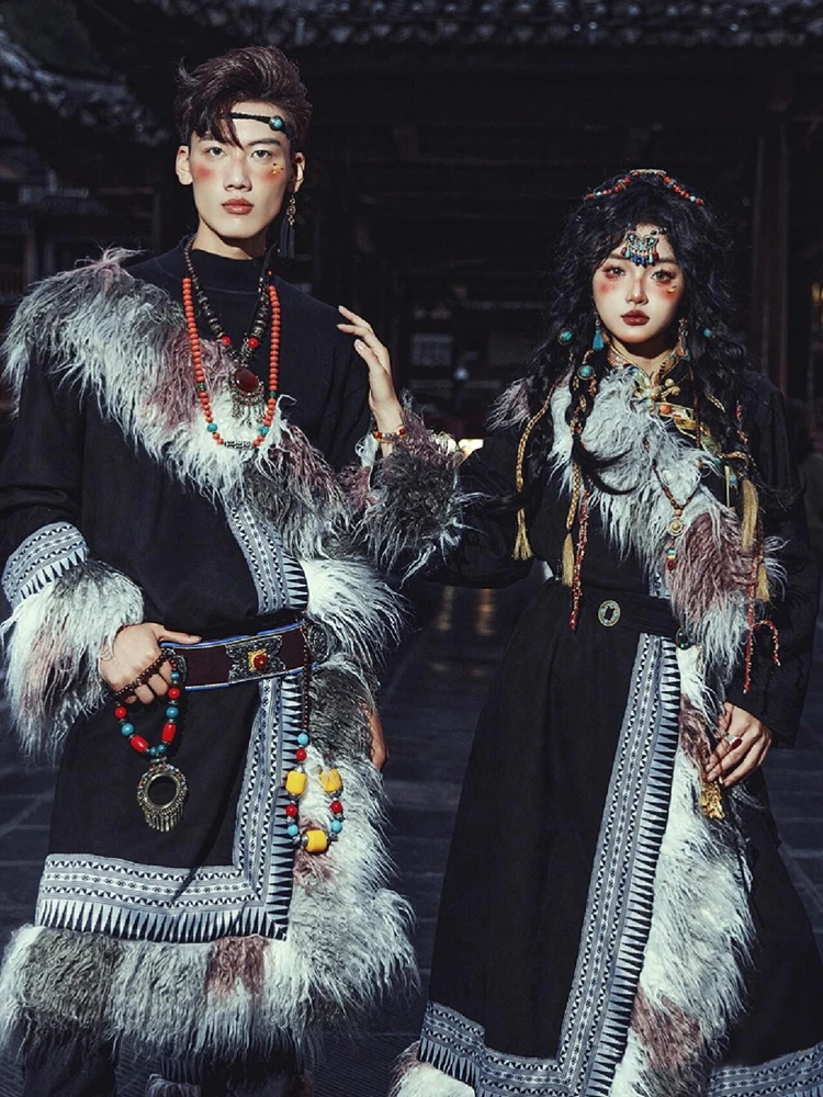 

Модный тибетский комплект одежды для пар с большим меховым воротником, в этническом стиле, для фотосессий, традиционные тибетские халаты для пар