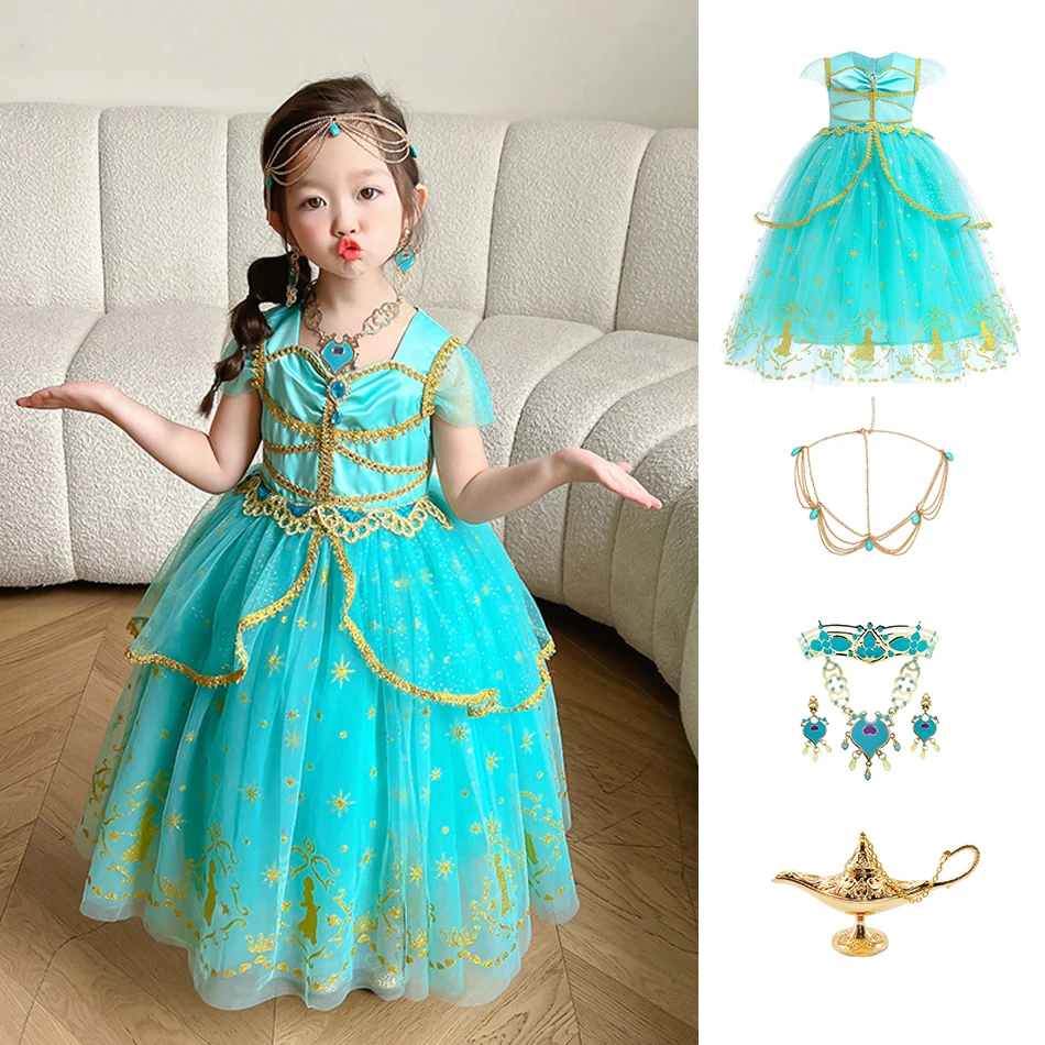 

Disney Aladdin Jasmine Princess Costume for Girls Kids Turquoise Dress with Necklace Bracelet Lamp for Halloween Birthday Party