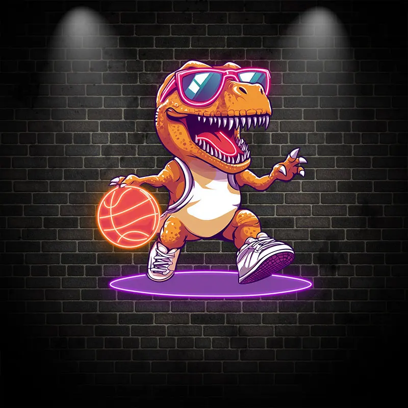 Dinosaur Playing Basketball Cartoon Neon Sign, Playroom Wall Decor, Perfect Gift For Basketball & Dinosaur Lovers