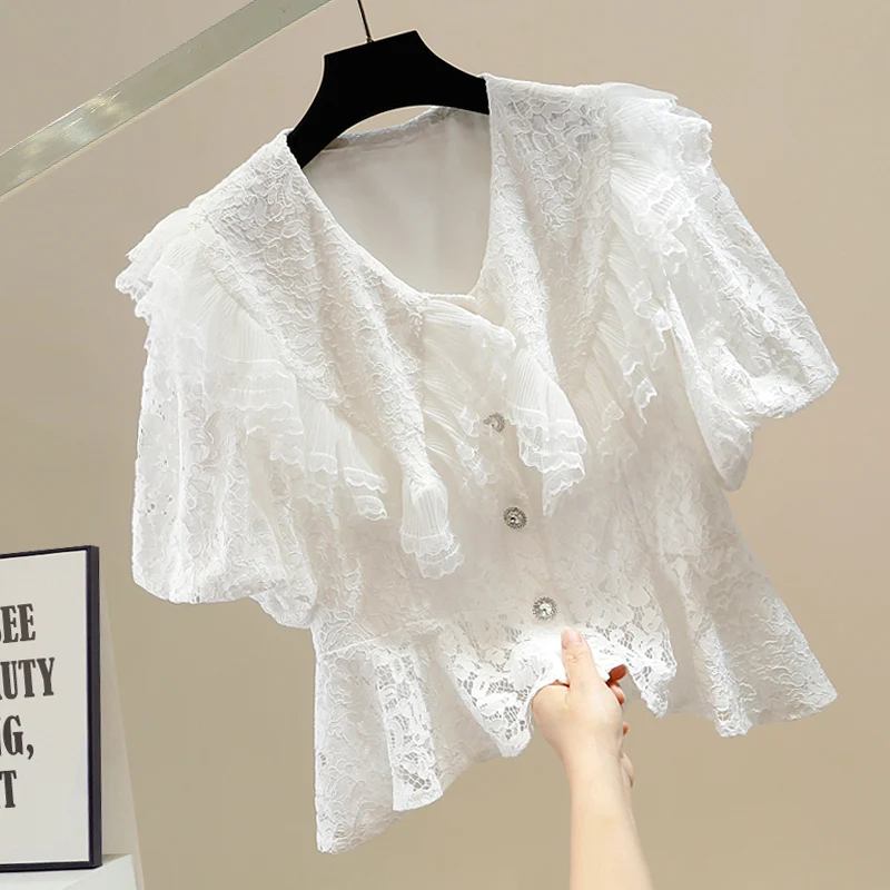 

Sweet Ear Musoom Ruffle Patchwork Stand Collar Single Button Retro Lantern Sve ort Lace irt Women Hollow out Bore Hole