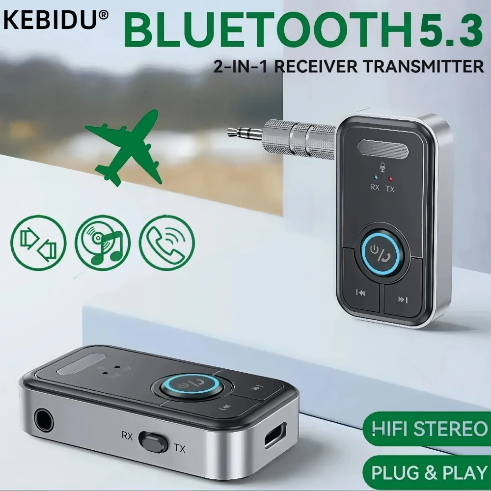 Bluetooth 5.3 Empfänger Sender 2-in-1 Wireless Audio Adapter 3,5mm AUX Adapter für Auto Musik Kopfhörer Lautsprecher Freisprecheinrichtung