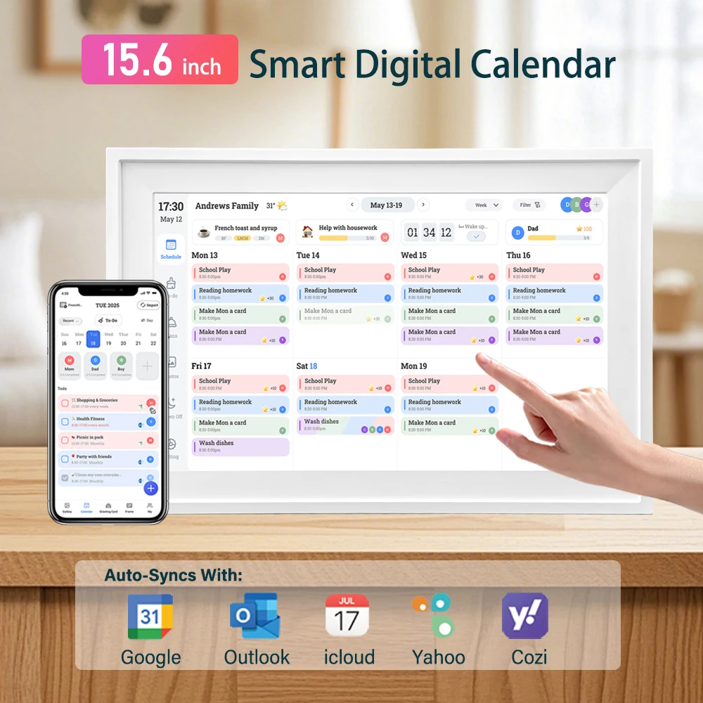 

WiFi 15.6 inch Digital Calendar Chore Chart Smart Family Schedules To Do List Touchscreen Planner Picture Frame HD Display