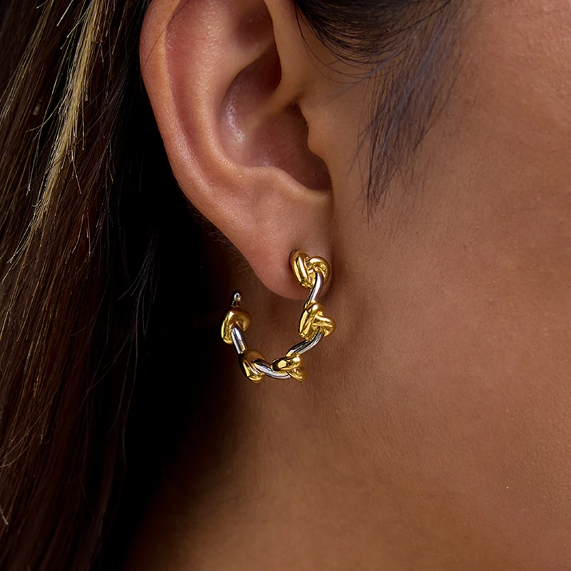 

AIKOER Personalized Designer Classic 18K Gold Color Plated Stainless Steel Double Tone Knot C-ring Earrings For Women's Jewelry