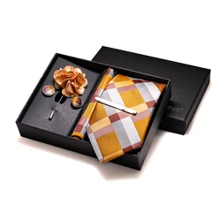 Orange Plaid Silk Wedding Tie For Men Hanky Cufflinks Luxury Gift Box Set Mens Necktie Fashion Business Party Gravat Accessories