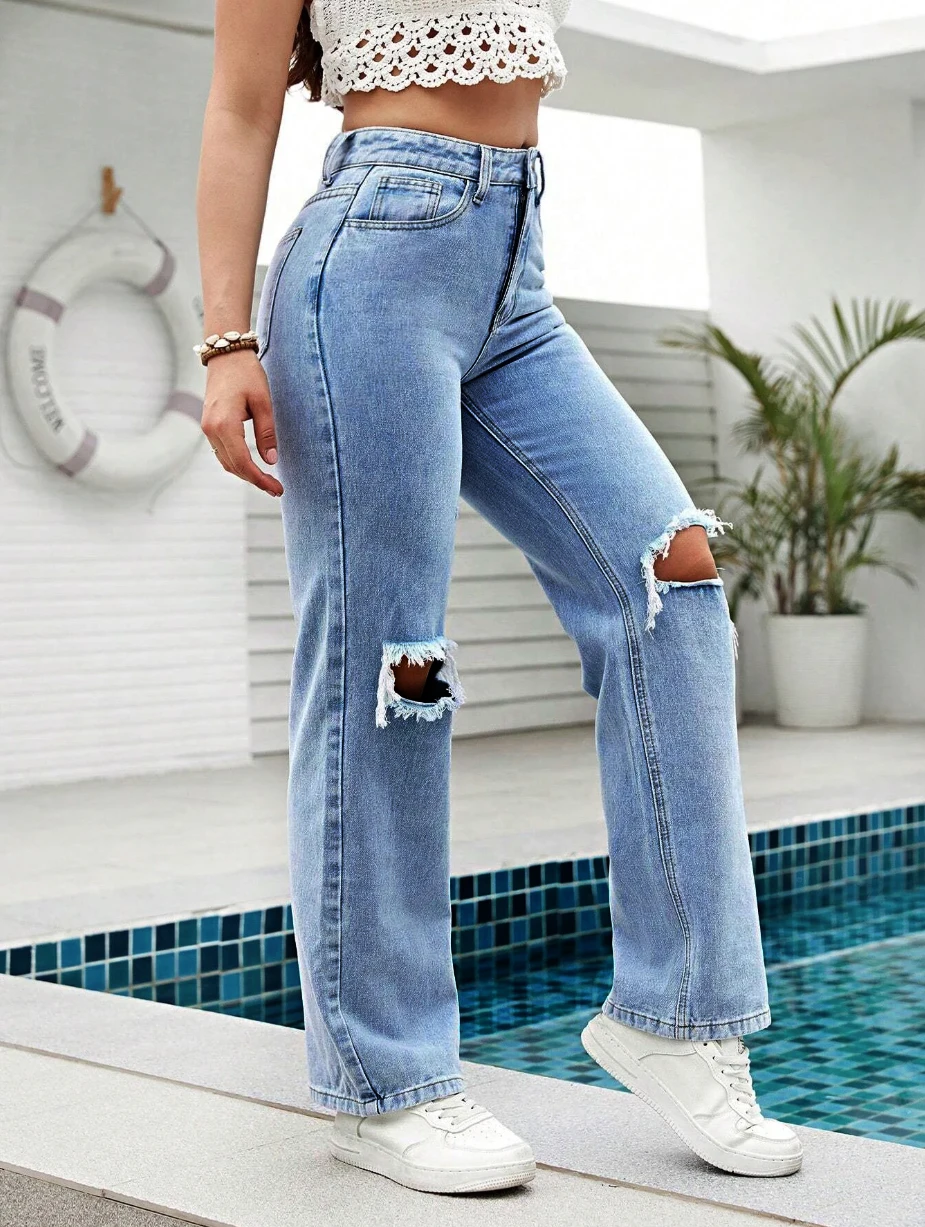 패셔너블한 여성을 위한 배기진! 하이웨이스트 루즈핏 데미지 진, 더블 데미지 디테일로 시선을 사로잡는 스타일