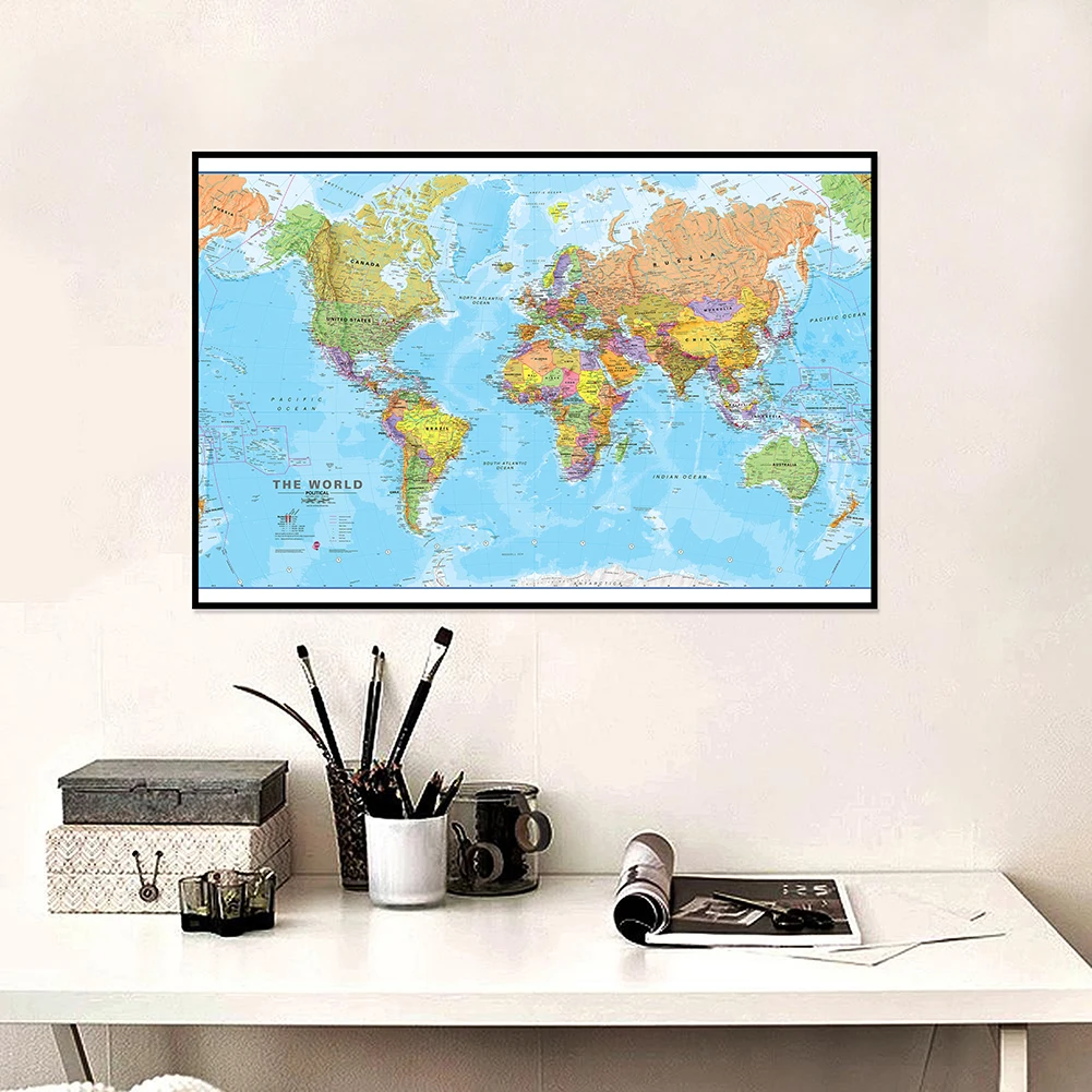 Cuadro colgante decorativo del mapa del mundo, pintura en lienzo muy detallada, póster de arte de pared moderno, suministros escolares para el hogar, 60x40cm