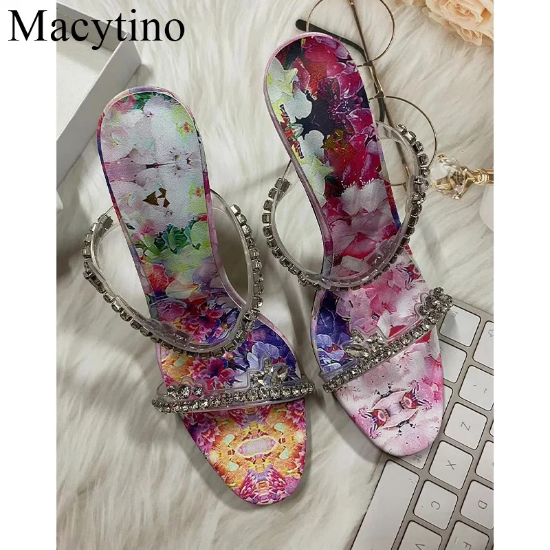 2024 Summer New Thin With Shallow Mouth Color Print Rhinestone High-heent Stiletto Open-toe Sandals