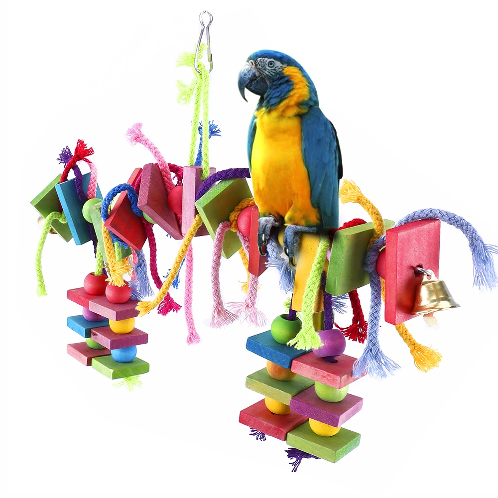 Wood Parrot Bird Toys Hanging Rope Pet Ladder Multicolored Wooden Cotton Rope Birds Chewing Toy Training Hang Swing Pet Supplies