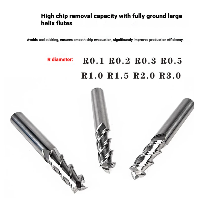 HRC62 Carbide Bullnose End Mill 3 Flutes for Aluminum CNC Cutting R0.1 R0.2 R0.3 R0.5 R1 R2 R3 D3 D4 D5 D6 D8 D10