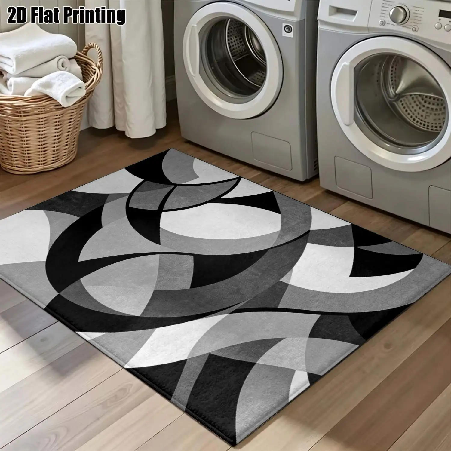 1Pc 2D Printed Black White Gray Geometric Abstract Modern Minimalist Nordic Instagram Style Carpet Mat, Machine Washable, Multi-Size, for Home Decor, Multi-Scene Use