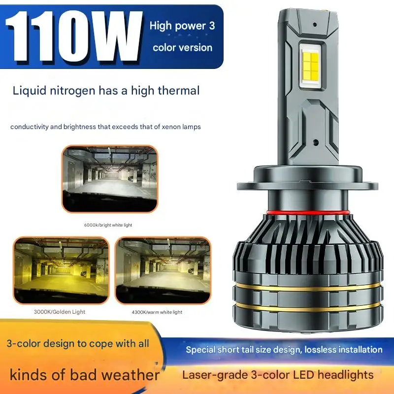 XTG T18 Tri Color LED Headlight Bulbs H7 Single Copper Tube Laser High Power Decoder Canbus Penetration Car Motorcycle Lamp 12V