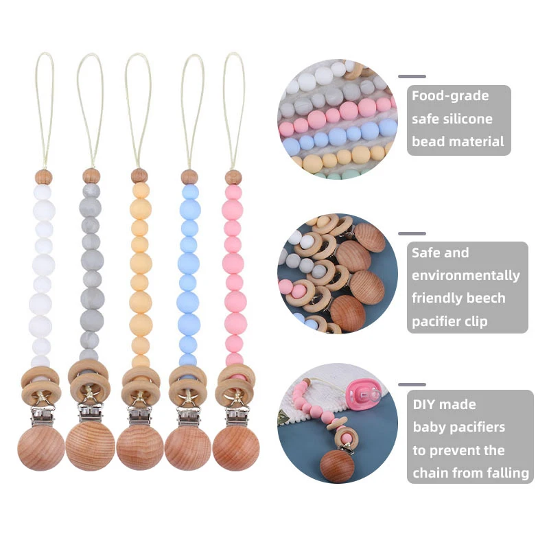 Baby Pacifier Clips Silicone Beads Wooden Ring Dummy Chain Newborn Gift Teether Soother Chain Nipple Holder Baby Stuff Accessory