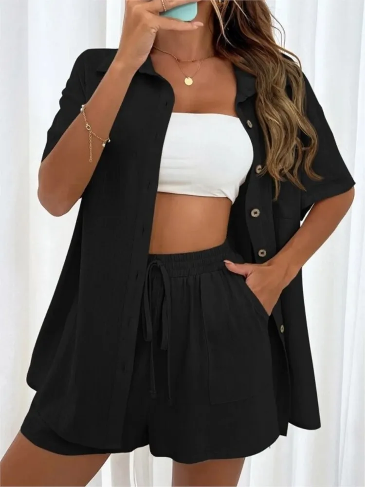 Casual Loose Single-breasted Top And Drawstring Shorts Set Fashion Ladies Sexy Solid Suits Summer 2 Piece Set Outfits For Women