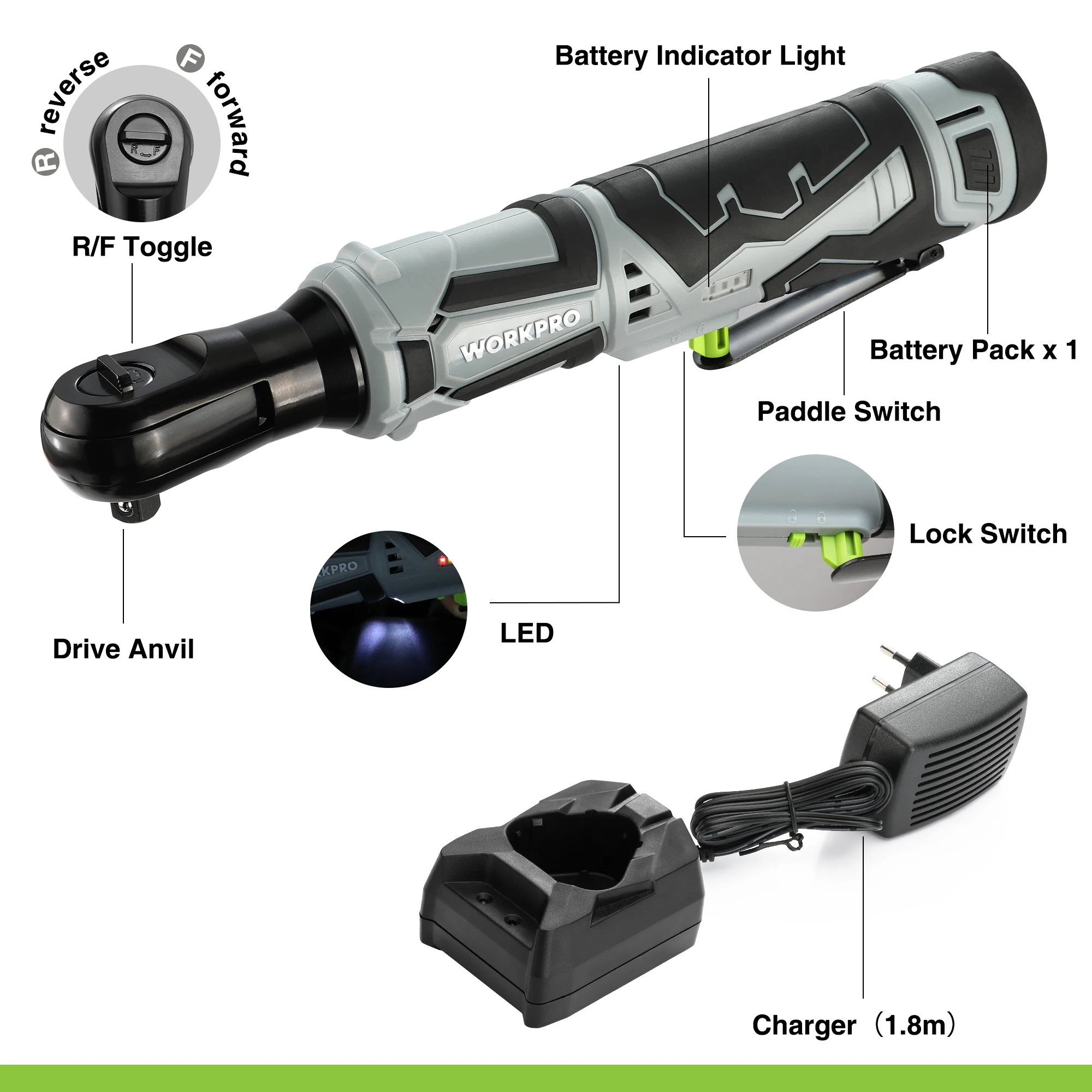 WORKPRO 12V Cordless Electric Ratchet Wrench Set, 3/8" Ratchet Tool Kit With 1/2 Packs 2000mAh Lithium-Ion Battery and Charger