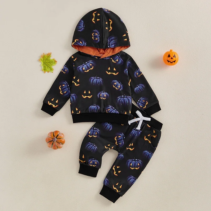 SUNSIOM 0-3 Years Baby Boy Halloween Outfit Pumpkin Print Long Sleeve Hooded Sweatshirt Elastic Waist Pants 2 Piece Fall Set