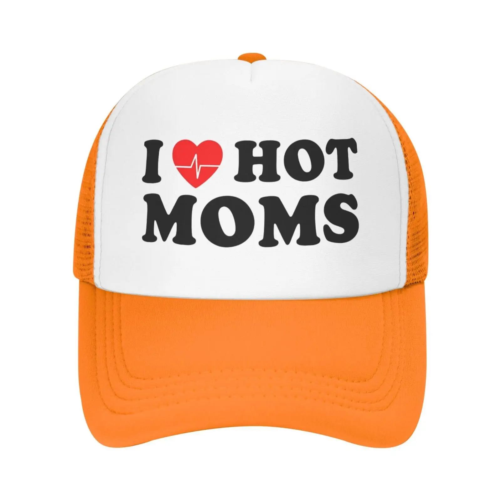 I Love Heart Hot Moms Funny Adjustable Mesh Trucker Hat for Adults Unisex Classic Hats Fishing Caps Orange