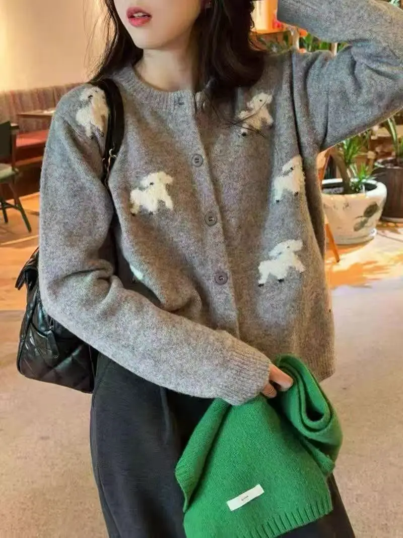 

Korean Sle Early Autumn Embroidered eep round Ne Loose Women's Knitwear Cardigan Soft Long Sve Casual Faion