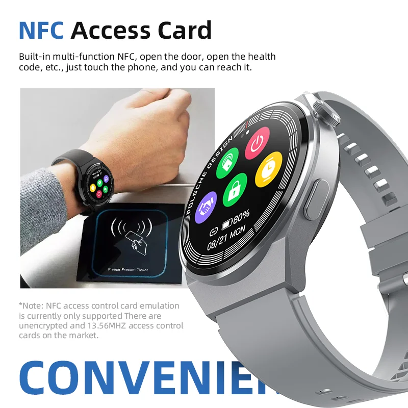 스마트 워치 남성용 NFC 블루투스 통화 무선 충전기, 음성 어시스턴트, 스포츠 방수 스마트워치, 심박수 모니터, 1.35 인치