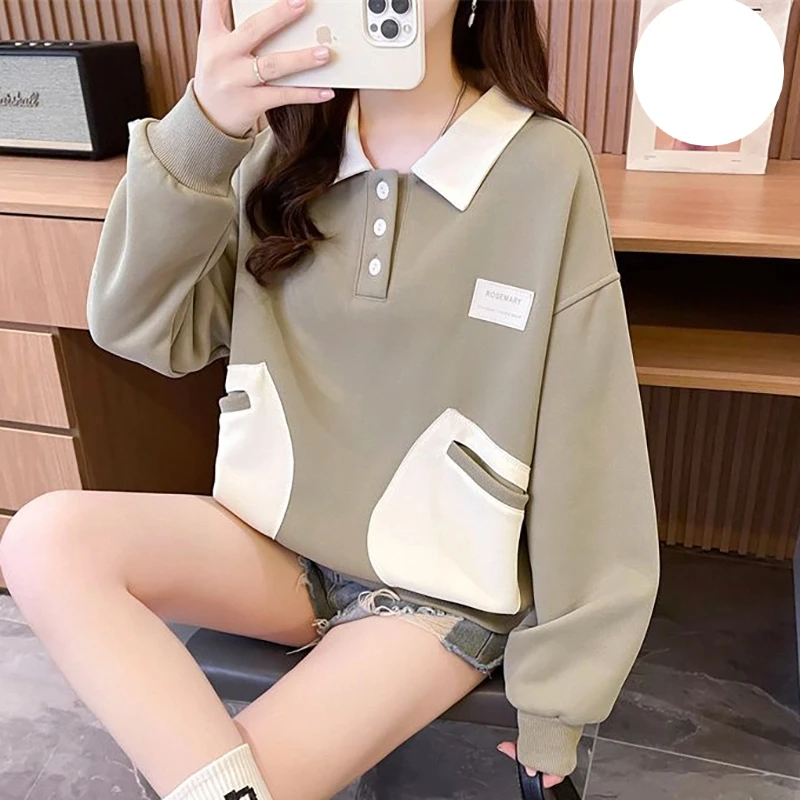 

Fashion Lapel Button Spliced Pockets Sweet Polo Shirts Female Clothing 2024 Autumn Winter New Loose Korean Tops Casual Tee Shirt