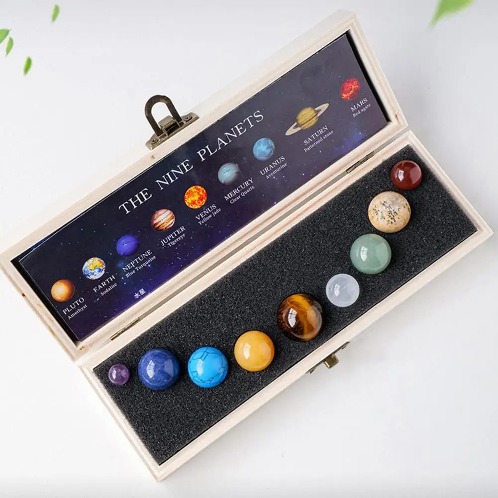 Handcrafted Planet Ball Planet Stone Bead Realistic Faux 9 Planets Ball Solar Sun System Rock with Wooden Box Quartz Stones