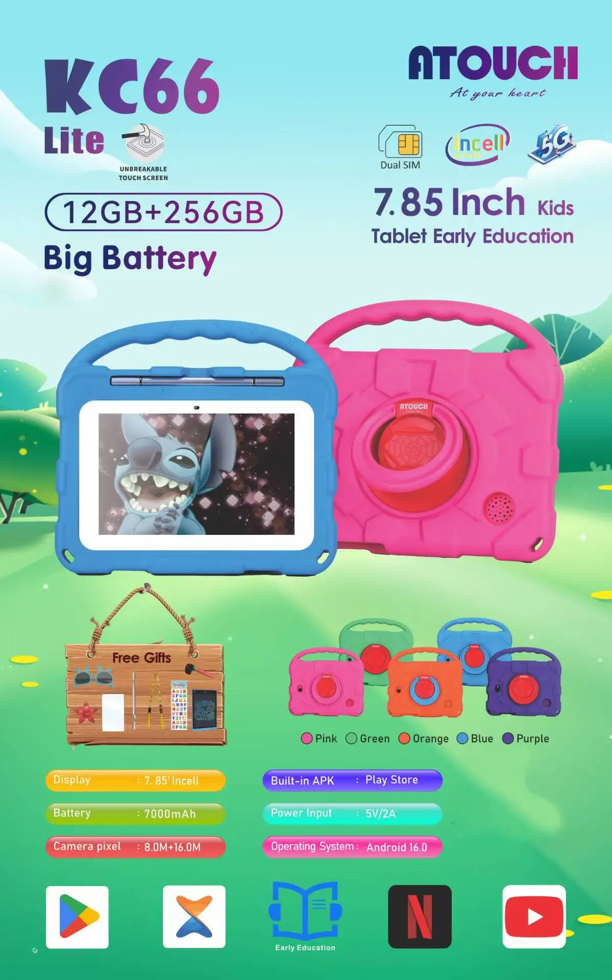 ATOUCH KC66 Lite 7.85 Inch Kids Tablet, Android 12 Quad Core Tablet PC with 3GB RAM + 64GB ROM, 7000mAh Big Battery, Dual Camera
